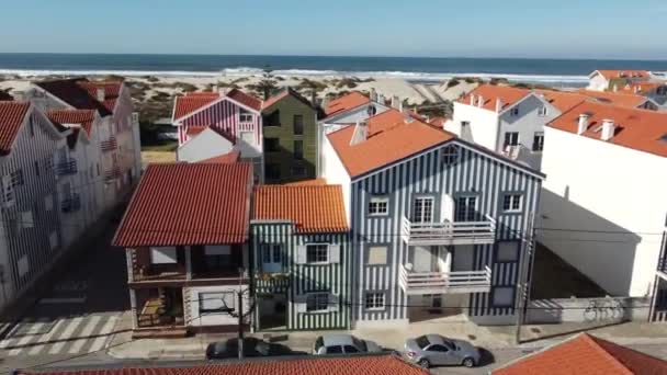 Aerial Shot Coloured Houses Costa Nova Prado Portugal Flying Houses — 비디오
