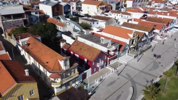 Aerial Shot Coloured Houses Costa Nova Prado Portugal Flying Diagonal — Vídeo de Stock