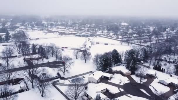 ミシガン州グランドラピッズ郊外の冬の学校で雪に覆われた野球場の4Kドローンビデオ — ストック動画