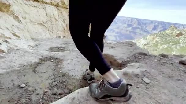 Mujer Camina Hacia Borde Sur Del Gran Cañón Arizona Miedo — Vídeo de stock