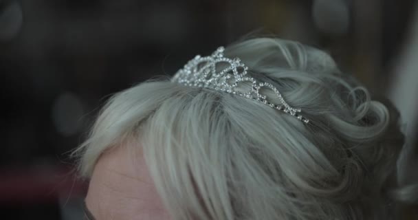 Close Bride Blonde Hair Wearing Crystal Tiara Her Wedding Day — Wideo stockowe