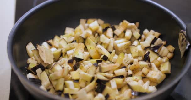 Close Shot Sliced Eggplant Been Cooked Black Frying Pan Kitchen — Stock Video