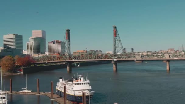 Aerial Portland Bridge Columbia River Buildings Background — Video