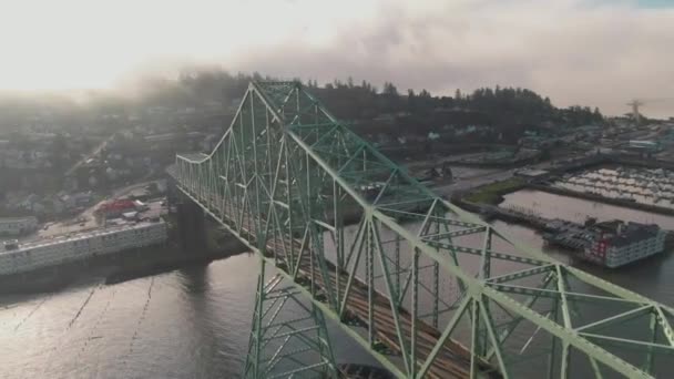 Aerial Big Steel Bridge Town Background Drone Dolly Left Pan — Vídeo de stock