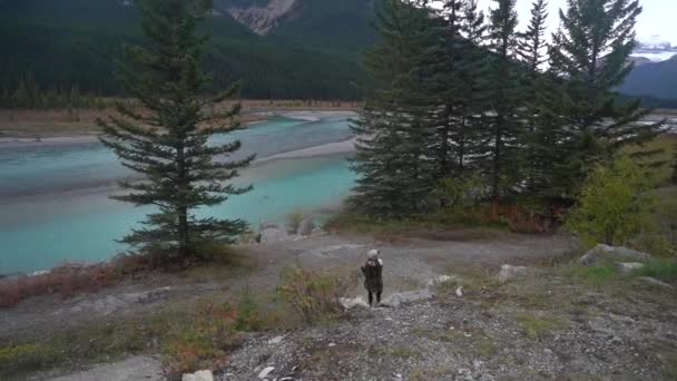 Lonely Woman Glacial River Wilderness Landscape Canada Inglés Icefields Parkway — Vídeo de stock