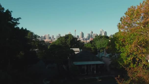 Aerial Downtown Sidney Australia Houses Trees Foreground Drone Jib Shot — Stok Video