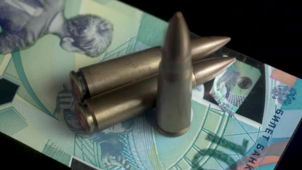 Machine Gun Bullets 100 Russian Ruble Banknote Close War Economy — Wideo stockowe