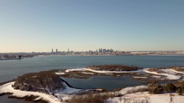 Snow Forest Wetland Bay Squantum Massachusetts Panoramic View Skyline — Video Stock