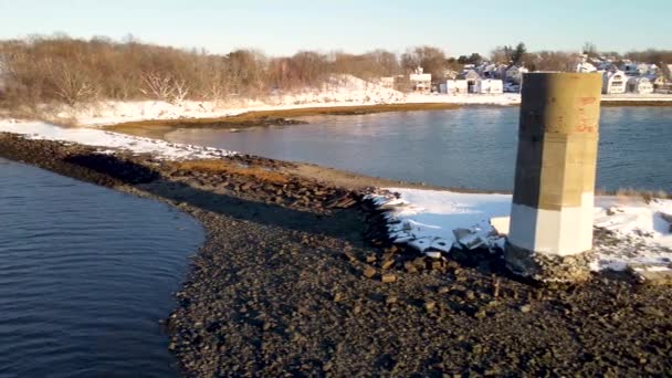 Plaża Nickerson Przybrzeżny Squantum Massachusetts Zima Lotnicza Scena Śnieżna — Wideo stockowe