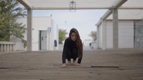 Young Woman Wooden Bridge Looks Camera Moves Cat — Vídeos de Stock