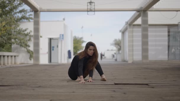 Young Woman Sits Wooden Bridge Begins Crawling Camera — Vídeos de Stock