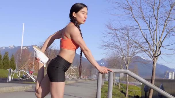 Beautiful Hispanic Woman Long Braid Doing Leg Quad Stretch — Wideo stockowe