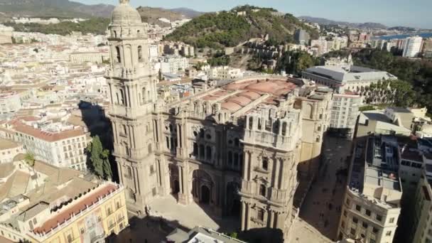 Aerial Drone Malaga Catedrial European Townscape Spain Sunny Day — Vídeos de Stock