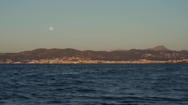 Full Moon Palma Mallorca Its Bay Early Morning Deep Blue — стоковое видео