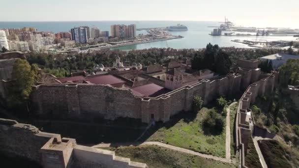 Aerial Forward Malaga Alcazaba Port Background Spain — 图库视频影像