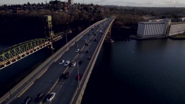 Cars Driving Ironworkers Memorial Bridge Vancouver Canada Aerial Drone View — Video
