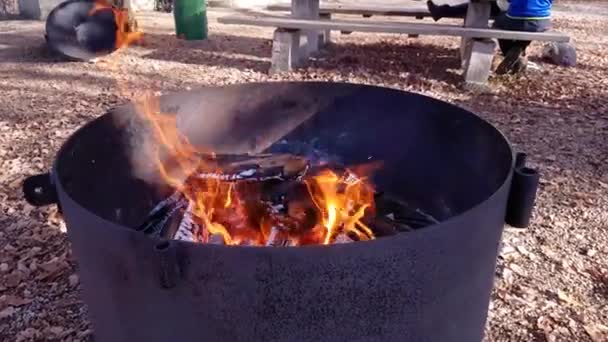 Close Rotating Daytime Campfire Outdoors Open Flame — ストック動画