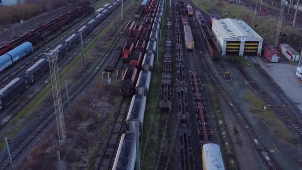 Sunrise Aerial View Long Railroad Tracks Heavy Diesel Locomotive Carriages — Vídeo de stock