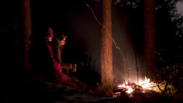 Motion Timelapse Campers Warming Themselves Campfire Forest Night — 비디오