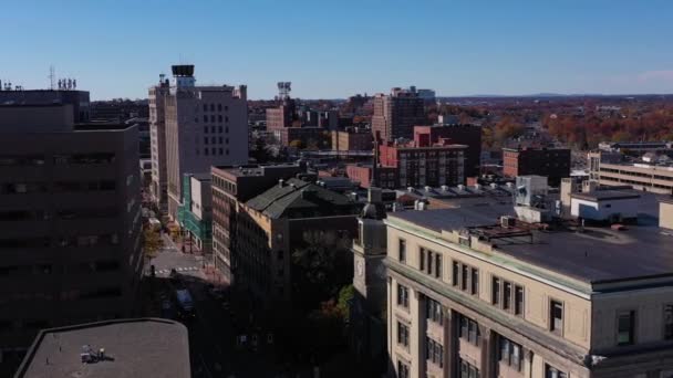 Drone Flying Congress Street Portland Maine Sunny Fall Day — ストック動画