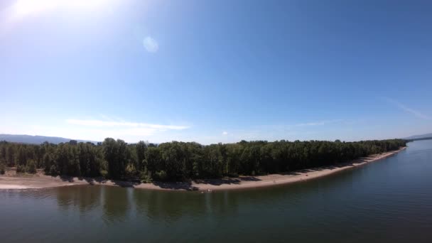 Voo Drone Sobre Rio Portlant Tiro Aproxima Grupo Árvores Margem — Vídeo de Stock