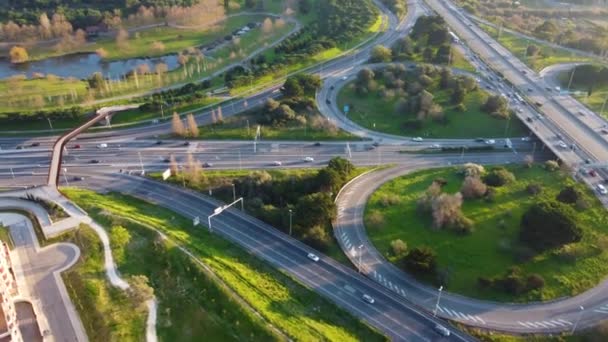 Drone Shot Showing Massive Highway Right Next Big City Park — Stock video