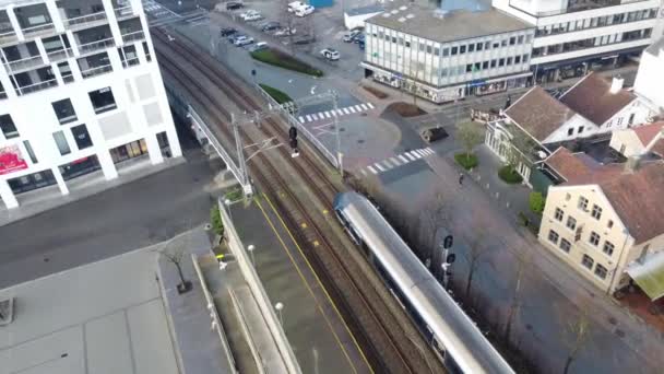 Ahead Train Leaving Sandnes Station Sortoget Norway Aerial — Stok video