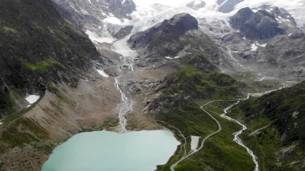 Aerial Views Pan Stein Glacier Heart Shaped Glacial Lake Sustenpass — стоковое видео