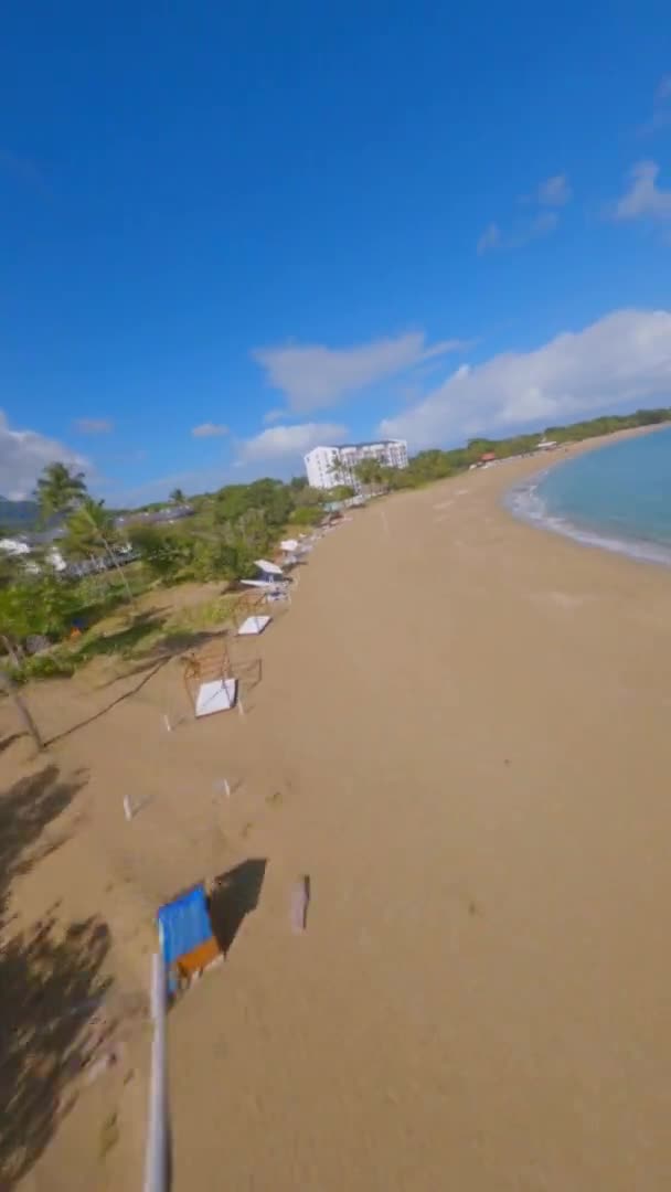 在多米尼加共和国普拉塔港的Playa Dorada或Golden海滩上空飞行 纵向格式 — 图库视频影像
