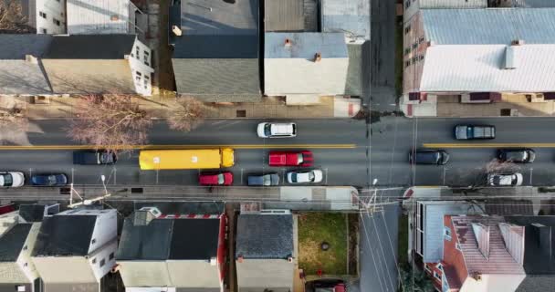 Traffic American City Yellow School Bus Top Aerial Shot Winter — Stock video