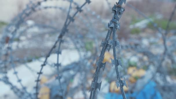 Moria Refugee Camp Razor Wire Close Rack Focus Shot — Vídeos de Stock