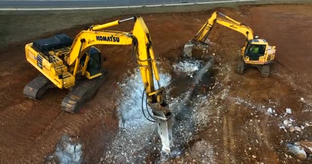 Komatsu Jackhammer Equipment Breaks Blasts Digs Rock Aerial New Construction — Wideo stockowe