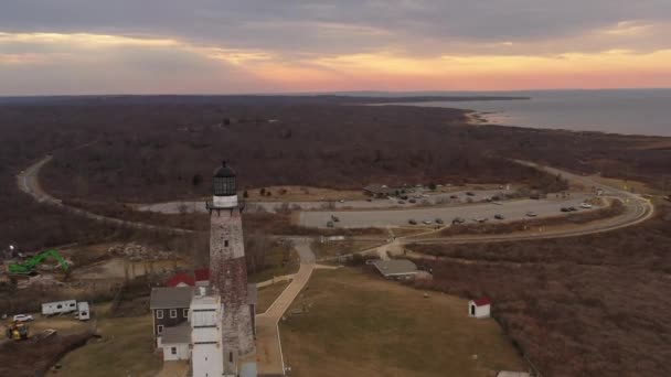 Aerial View Montauk Lighthouse Sunset Long Island Drone Camera Truck — Wideo stockowe