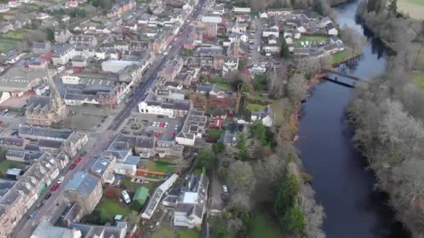 Drönarbilder Flyger Över Staden Kallander Och Floden Teith Skottland Highlands — Stockvideo