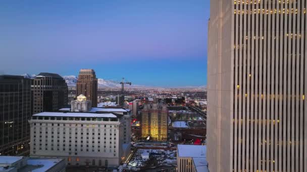 Beautiful Aerial Dawn Downtown Salt Lake City Utah Forward Movement — Stok Video