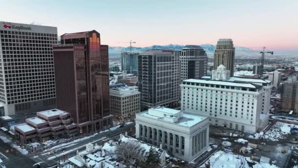 Wide Winter Aerial View Buildings Downtown Salt Lake City Utah — стоковое видео