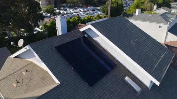 Lowering Orbit Front Rooftop Solar Panels Installed Clear Sunny Day — Vídeo de Stock