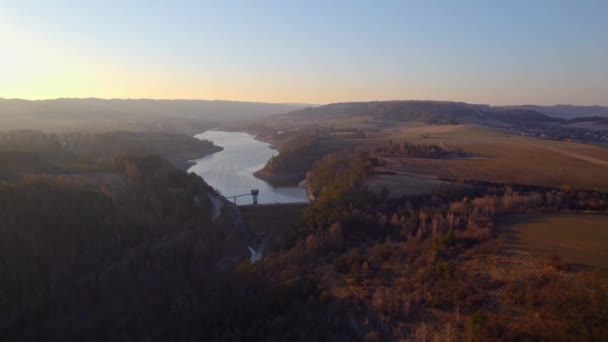 Aerial Drone Calm Valley Water Reservoir Kretinka Czech Republic Dawn — Stock video