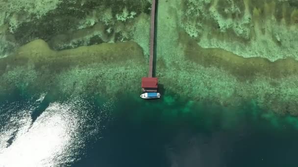 Дрон Летить Над Маленьким Пірсом Човном Тропічному Острові — стокове відео