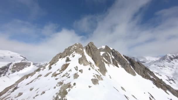 Aerial Forward Snowy Rocky Mountain Sunny Day Pyrenees — Video Stock