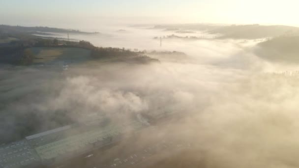 Large Hangar Deep Fog Filled Valley Hills Germany Sunrise Aerial — Vídeo de Stock