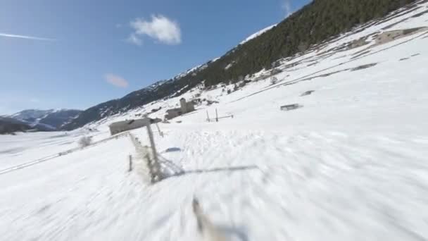 Aerial Fpv Huts Incles Snowy Valley Pyrenees Andorra — стокове відео