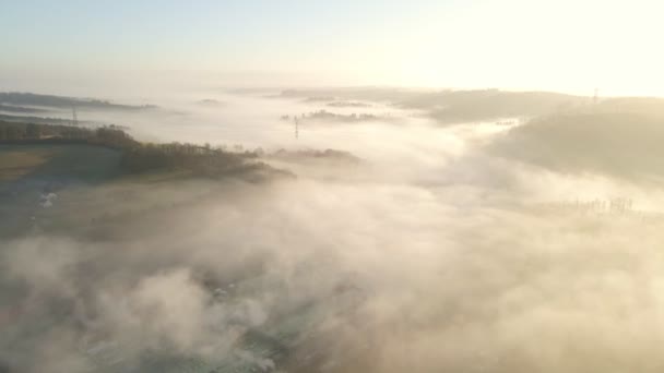 Bright Misty Sunrise West Germany Aerial Tracking Shot Valleys Filled — Video Stock