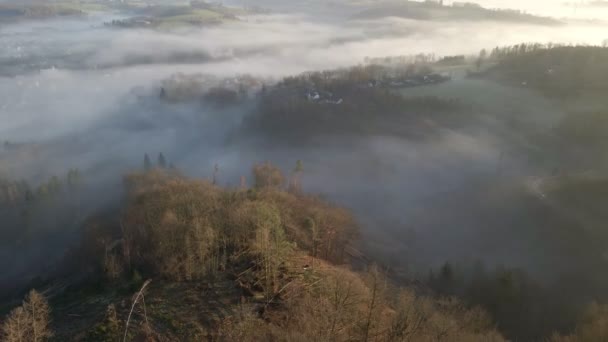 Thick Morning Fog Floating Valleys North Rhine Westphalia Germany Aerial — Stockvideo