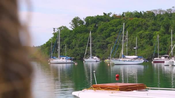 White Yachts Parked Mountain Foreground Rope — Stok video