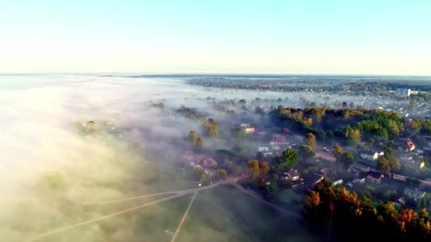 Drone Flies Morning Mist Sunrise Small Countryside Town — Stockvideo