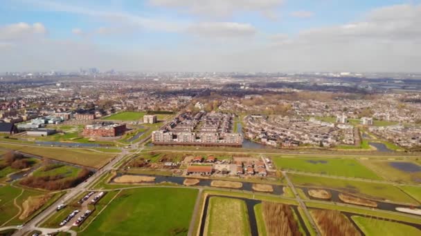Aerial Pan Right View Barendrecht Green Fields Town Rotterdam Skyline — 비디오