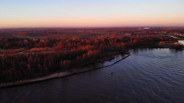 Aerial Rising Oude Maas Autumnal Sunrise Fall Colours Establishing Shot — Stockvideo