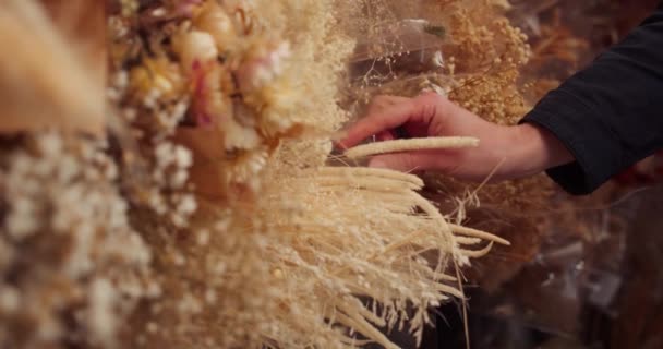 Florista Mão Pegando Tipo Grama Seca Prateleira Loja Flores Gimbal — Vídeo de Stock