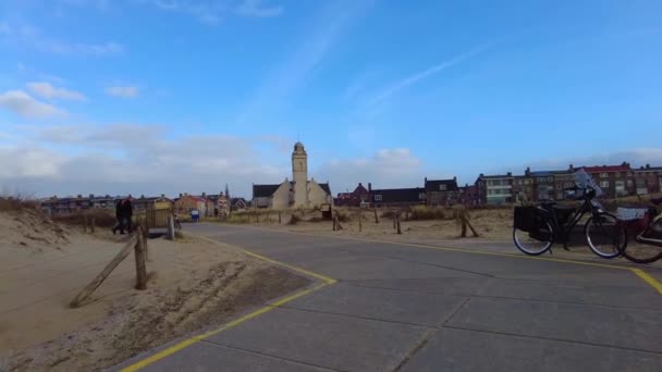 Pov Walking Andreas Church Katwijk Aan Zee Sandy Path Stationary — ストック動画